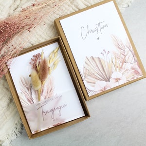 Geschenkset Trauzeugin fragen -Boho rosa- Armband Gravur Karte Trockenblumen Schachtel Herz Gold Rosegold Silber