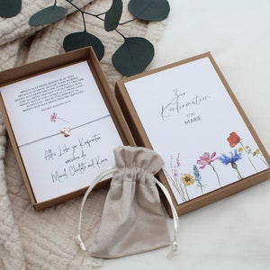 Geschenkset Konfirmation -Bunte Blumenwiese- Geldgeschenk Armband Karte Engel Herz Stern Name Geschenk personalisiert Mädchen Junge Box