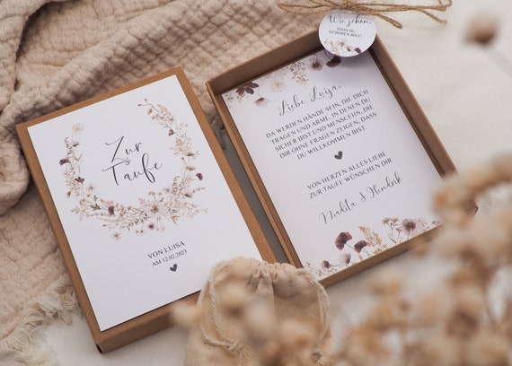 Geschenkset Taufe -Bohemian- Karte Kind Baby Herz Name persönliches Geschenk personalisiert Mädchen Junge Box Schachtel