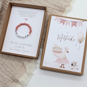 Geschenkset Geburtstag Armband -Gans rosa- Karte Kind Baby Herz Name persönliches Geschenk personalisiert Mädchen Junge Box Schachtel