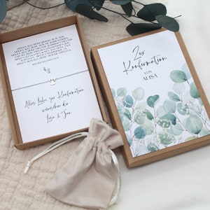 Geschenkset Konfirmation -Eukalyptus- Geldgeschenk Armband Karte Engel Herz Stern Name Geschenk personalisiert Mädchen Junge Box Schachtel