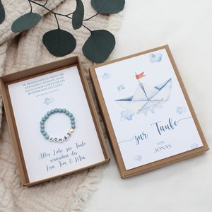 Geschenkset Taufe Armband -Papierschiff- Karte Kind Baby Herz Name Geschenk personalisiert Mädchen Junge Box Schachtel T-G-A-A-20