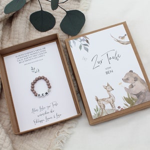 Geschenkset Taufe Armband -Waldtiere- Karte Kind Baby Herz Name persönliches Geschenk personalisiert Mädchen Junge Box Schachtel T-G-A-A-11