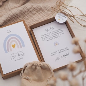 Geschenkset Taufe -Regenbogen pastell- Karte Kind Baby Herz Name persönliches Geschenk personalisiert Mädchen Junge Box Schachtel