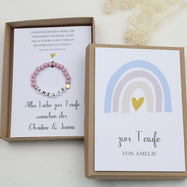 Gift set baptism bracelet -rainbow pastel- card child baby heart name gift personalized girl boy box T-G-A-A-1