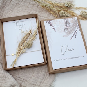 Geschenkset Trauzeugin fragen -Natur- Armband Gravur Karte Trockenblumen Schachtel Herz Gold Rosegold Silber