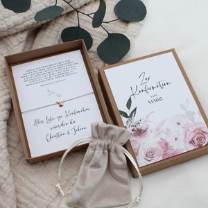 Geschenkset Konfirmation -rosa Blumen- Geldgeschenk Armband Karte Engel Herz Stern Name Geschenk personalisiert Mädchen Junge Box Schachtel
