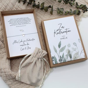Geschenkset Konfirmation -Zweige grün- Geldgeschenk Armband Karte Engel Herz Stern Name Geschenk personalisiert Mädchen Junge Box Schachtel