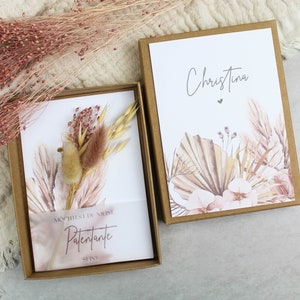Geschenkset Patentante fragen -Boho rosa- Armband Gravur Karte Trockenblumen Schachtel Herz Gold Rosegold Silber Möchtest du Patin sein