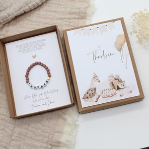 Geschenkset Geburtstag Armband -Gans beige- Karte Kind Baby Herz Name persönliches Geschenk personalisiert Mädchen Junge Box Schachtel