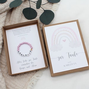 Geschenkset Taufe Armband -Regenbogen Wolke rosa- Karte Kind Baby Herz Name Geschenk personalisiert Mädchen Junge Box Schachtel T-G-A-A-10