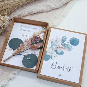 Geschenkset Patentante fragen -Rosa/Eukalyptus- Armband Gravur Karte Trockenblumen Schachtel Herz Gold Rosegold Silber Patin