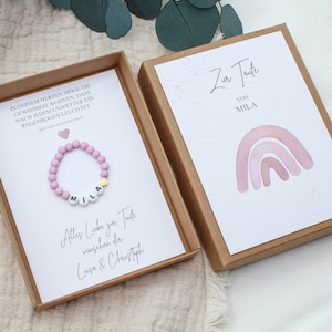 Geschenkset Taufe Armband -Regenbogen rosa- Karte Kind Baby Herz Name Geschenk personalisiert Mädchen Junge Box Schachtel T-G-A-A-5