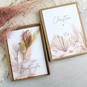 Geschenkset Brautjungfer fragen -Boho rosa- Armband Gravur Karte Trockenblumen Schachtel Herz Gold Rosegold Silber