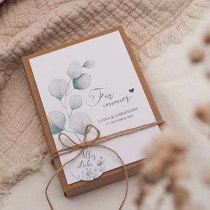 Geschenkset Hochzeit -Eucalyptus- Geldgeschenk Schachtel Name Datum persönliches Geschenk personalisiert