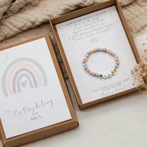 Geschenkset Einschulung Armband -Regenbogen pastell/bunt- Karte Kind Herz Name Geschenk personalisiert Mädchen Junge Box Schachtel