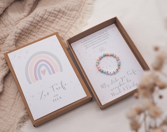 Geschenkset Taufe Armband -Regenbogen pastell/bunt- Karte Kind Baby Herz Name Geschenk personalisiert Mädchen Junge Box Schachtel T-G-A-A-2