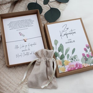 Geschenkset Konfirmation -Blumenmeer- Geldgeschenk Armband Karte Engel Herz Stern Name Geschenk personalisiert Mädchen Junge Box Schachtel