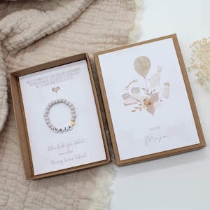 Geschenkset Geburt Armband -Boho- Karte Kind Baby Herz Name persönliches Geschenk personalisiert Mädchen Junge Box Schachtel