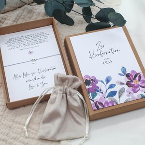 Geschenkset Konfirmation -Blumen lila- Geldgeschenk Armband Karte Engel Herz Stern Name Geschenk personalisiert Mädchen Junge Box Schachtel