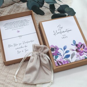 Gift set confirmation -flowers purple- money gift bracelet card angel heart star name gift personalized girl boy box box