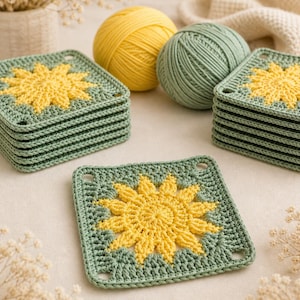 May include: Handmade crochet coasters in a sunflower design. The coasters feature a yellow sunflower center surrounded by a green border. Several coasters are stacked, with two balls of yarn in yellow and green. The coasters are square and have small holes in each corner.