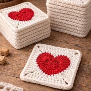 Può includere: Sottobicchieri all'uncinetto fatti a mano con un cuore rosso su sfondo bianco. I sottobicchieri quadrati sono impilati in set. L'immagine mostra un primo piano dei sottobicchieri su una superficie di legno.