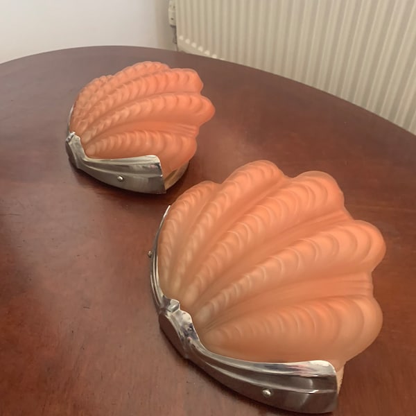 Original Antique Pair of Iconic Art Deco Odeon Clam/Scallop Shell Wall Lights/Sconces, with Frosted Glass Pink Shades & Chrome Frames