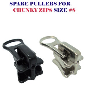 May include: Two zipper pulls for chunky zippers, one black and one silver. The zipper pulls are designed for size #8 zippers.