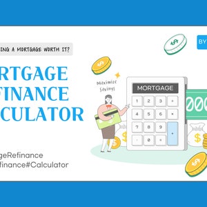 May include: A calculator with the word "MORTGAGE" on the display. A woman is holding a credit card and a man is holding a sign with the number "000" on it. The text "IS REFINANCING A MORTGAGE WORTH IT?" is at the top of the image. The text "MORTGAGE REFINANCE CALCULATOR" is in large letters below the calculator. The hashtags "#MortgageRefinance #LoanRefinance #Calculator" are at the bottom of the image.