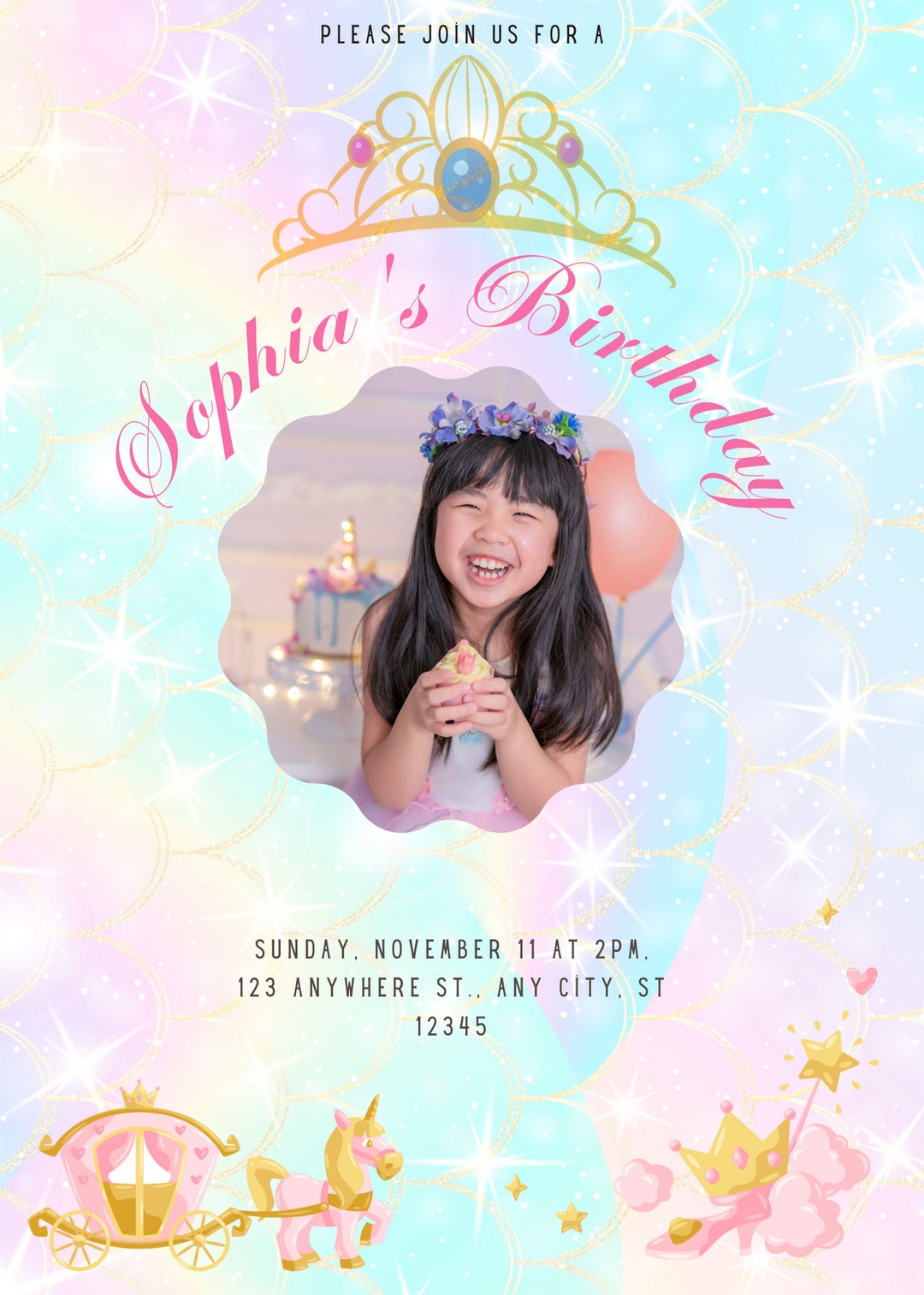 Editable Princess Birthday Invitation in Canva, Digital Princess Birthday Party Invite