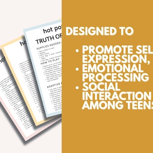 Puede incluir: Tres hojas de papel de colores con el texto "hot po TRUTH OF" e instrucciones del juego. El texto de la derecha dice: "DISE&Ntilde;ADO PARA PROMOVER LA AUTOEXPRESI&Oacute;N, EL PROCESAMIENTO EMOCIONAL, LA INTERACCI&Oacute;N SOCIAL ENTRE ADOLESCENTES."
