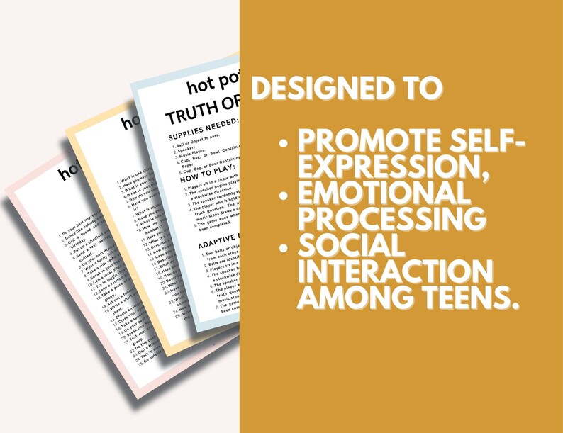 Puede incluir: Tres hojas de papel de colores con el texto "hot po TRUTH OF" e instrucciones del juego. El texto de la derecha dice: "DISE&Ntilde;ADO PARA PROMOVER LA AUTOEXPRESI&Oacute;N, EL PROCESAMIENTO EMOCIONAL, LA INTERACCI&Oacute;N SOCIAL ENTRE ADOLESCENTES."