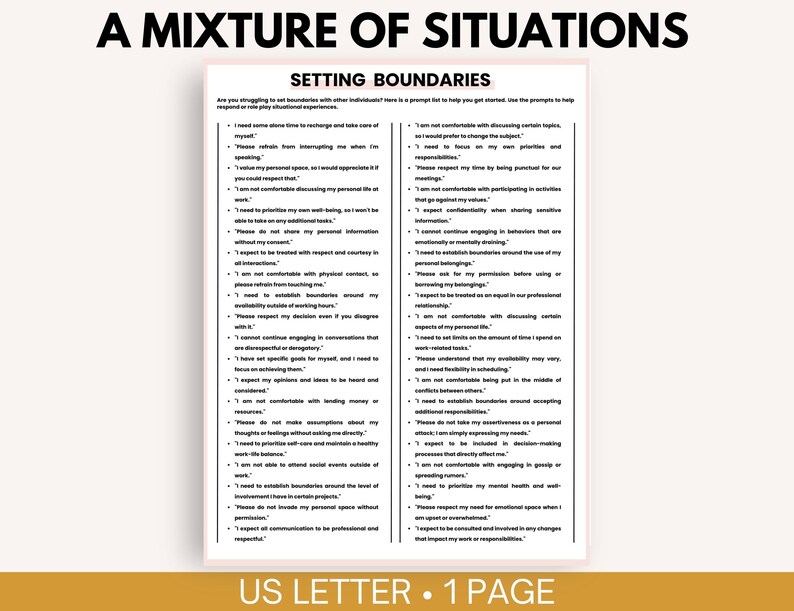 May include: A black and white printable worksheet with the title "A Mixture of Situations: Setting Boundaries". The worksheet provides a list of statements about setting boundaries in different situations.