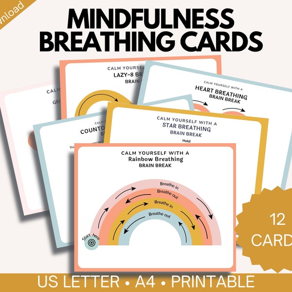 Breathing cards, Calming Corner, Mental Health, Grounding Technique, Anxiety Relief, Breathing Exercises, Flash Cards, Digital Download