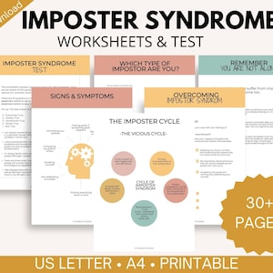 May include: A printable worksheet set for overcoming imposter syndrome. The set includes a test, signs and symptoms, the imposter cycle, overcoming imposter syndrome, and a reminder that you are not alone. The set is 30+ pages long and is available in US Letter and A4 sizes.