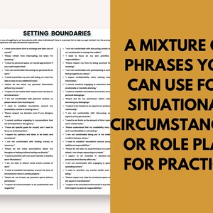 May include: A white sheet of paper with the title "Setting Boundaries" and a list of phrases you can use for situational circumstances or role play for practice.