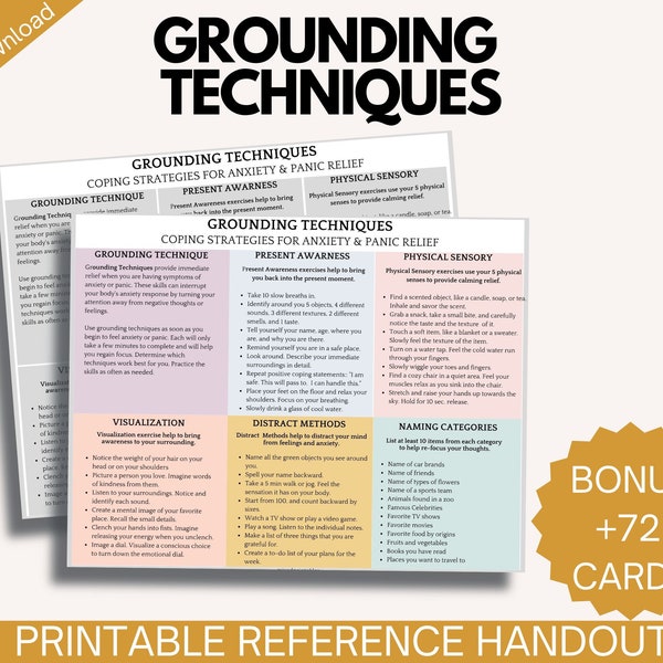 Grounding Techniques Cheat Sheet, Coping Strategies, Anxiety And Panic Relief, Therapy Worksheet, Psychology Handout (Digital Printable)