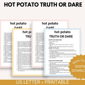 Puede incluir: Una descarga digital de un juego Hot Potato Truth or Dare. La imagen muestra varias hojas coloridas con instrucciones del juego y listas de retos y verdades. El texto incluye "Ready to Use" y "Digital Download".