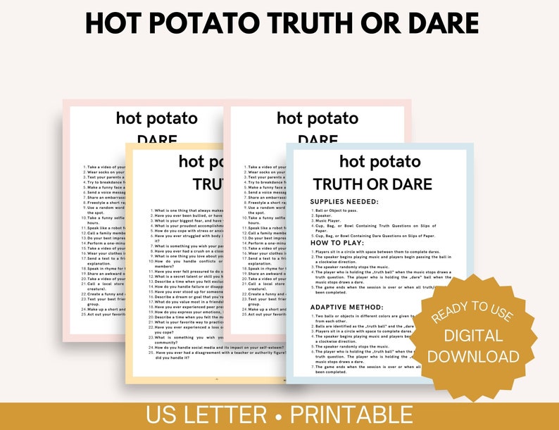 Puede incluir: Una descarga digital de un juego Hot Potato Truth or Dare. La imagen muestra varias hojas coloridas con instrucciones del juego y listas de retos y verdades. El texto incluye "Ready to Use" y "Digital Download".
