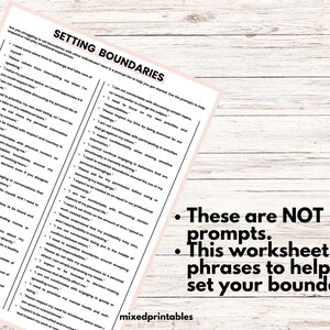 May include: A printable worksheet with the title "Setting Boundaries" and a list of phrases to help set boundaries. The worksheet is on a light pink background with black text.