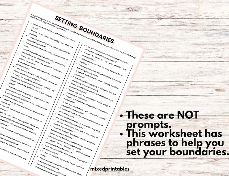 May include: A printable worksheet with the title "Setting Boundaries" and a list of phrases to help set boundaries. The worksheet is on a light pink background with black text.