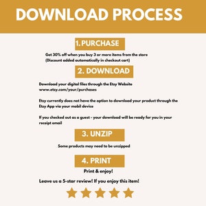 May include: A yellow and white graphic with the text "DOWNLOAD PROCESS" in large, bold letters. The graphic outlines the steps for downloading a digital product purchased from Etsy. The steps include: 1. Purchase, 2. Download, 3. Unzip, and 4. Print. The graphic also includes a 5-star rating system and the text "Leave us a 5-star review! If you enjoy this item!"
