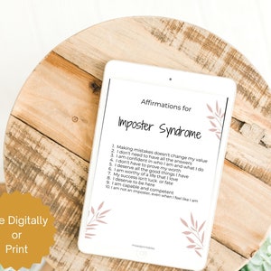 May include: A white digital tablet with a list of affirmations for imposter syndrome. The text is black and the background is white. The tablet is on a wooden surface.