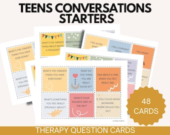 Printbare gesprekskaarten voor tienertherapie | 48 gespreksvragen voor tieners | SEL-activiteit voor mentale gezondheid (PDF)