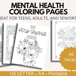 50 Mental Health Coloring Pages | Self-Care Printable for Adults, Teens & Seniors | Stress Relief Coloring Book PDF
