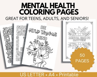 50 Adult and Teens Coloring Pages Mental Health and Relaxation, Printable Inspirational Self Care Teen Sheets, Mental Health Coloring Pages