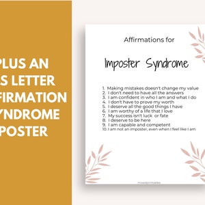 May include: A printable poster with a peach background and pink floral accents. The poster features the text "Affirmations for Imposter Syndrome" and a list of ten affirmations to help overcome imposter syndrome.