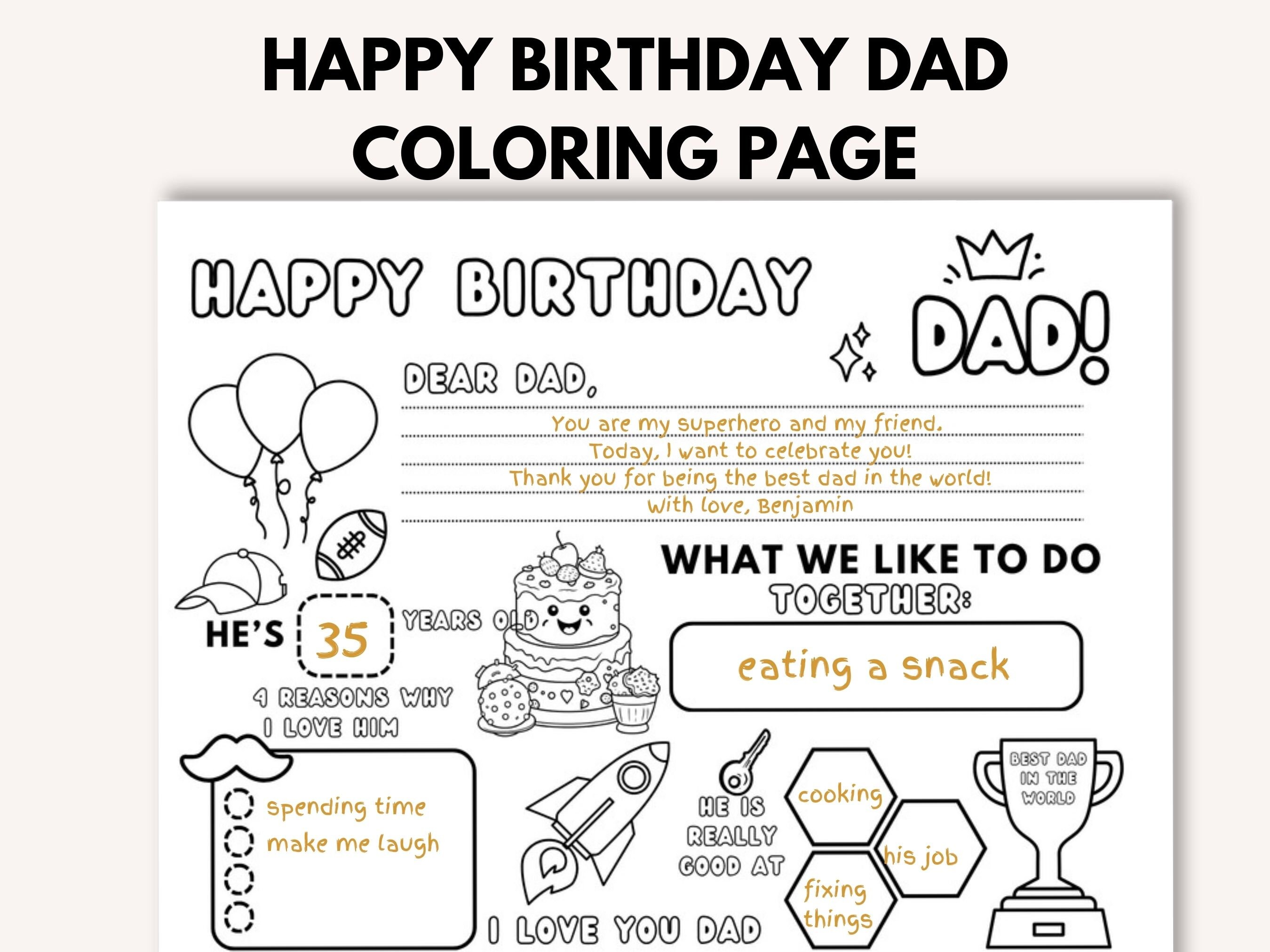 Happy Birthday Daddy Coloring Page, Printable Birthday Card for Dad ...