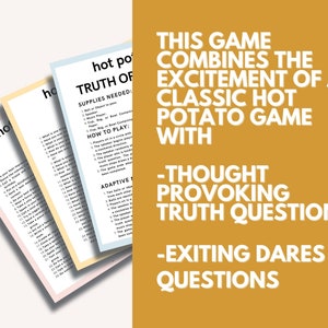 Puede incluir: Tres tarjetas de juego coloridas, rosa, amarilla y azul, con el texto "hot potato truth or dare". El juego combina el cl&aacute;sico juego de la patata caliente con preguntas de verdad y desaf&iacute;os.